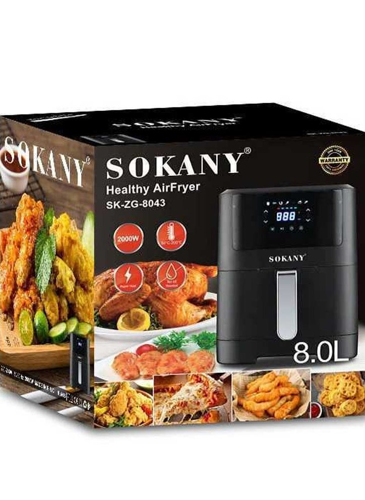 Sokany Digital 8L SK-8043 Touch Screen Stainless Steel Pan Digital Control Smart Air Pan with 8 Pre-set Recipes