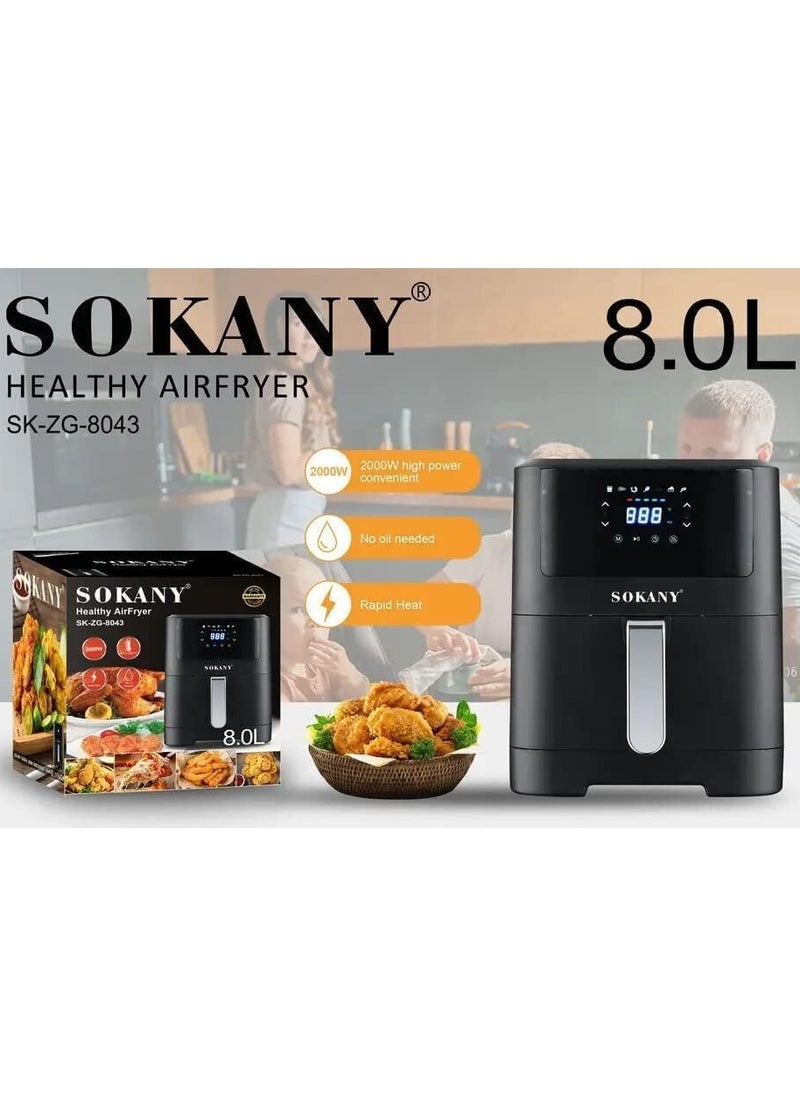 Sokany Digital 8L SK-8043 Touch Screen Stainless Steel Pan Digital Control Smart Air Pan with 8 Pre-set Recipes