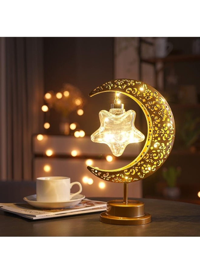 Ramadan Decorations Moon Table Lamp, Ramadan Decoration for Home Moon LED Desk Lamp, Ramadan Lights for Bedroom, Crescent Moon Night Lamp, Battery Operated Table Lamp for Home Decor (Star-B)