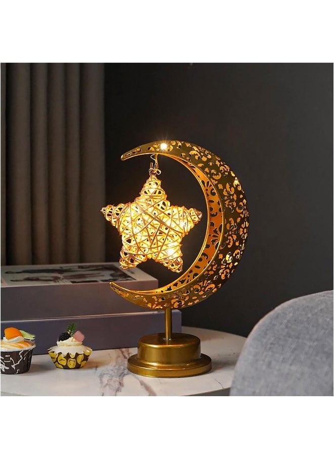 Ramadan Decorations LED Decorative Light Moon Star Table Lamp, Cordless Ramadan Moon Shape Desk Lamp, Bedside Table Night Light for Bedroom Dining Living Room Party Nursery Office Decor (Star-A)