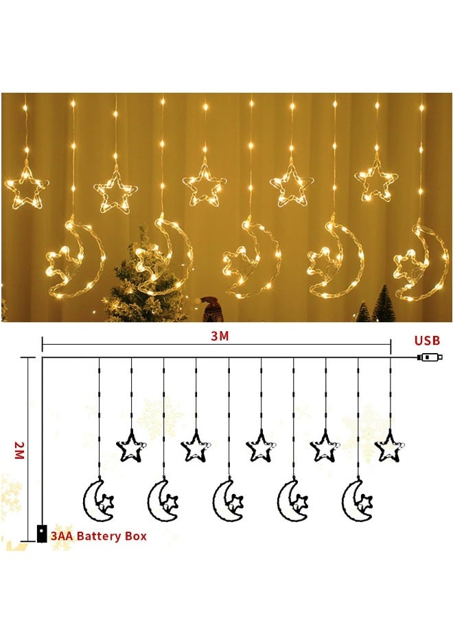 Star And Moon Shaped Decorative Light Set Warm White for Ramadan Decorations, Window Curtain Fairy Star Moon Lights for Eid Party, Ramadan Lights Hanging