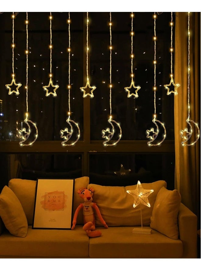 Star And Moon Shaped Decorative Light Set Warm White for Ramadan Decorations, Window Curtain Fairy Star Moon Lights for Eid Party, Ramadan Lights Hanging