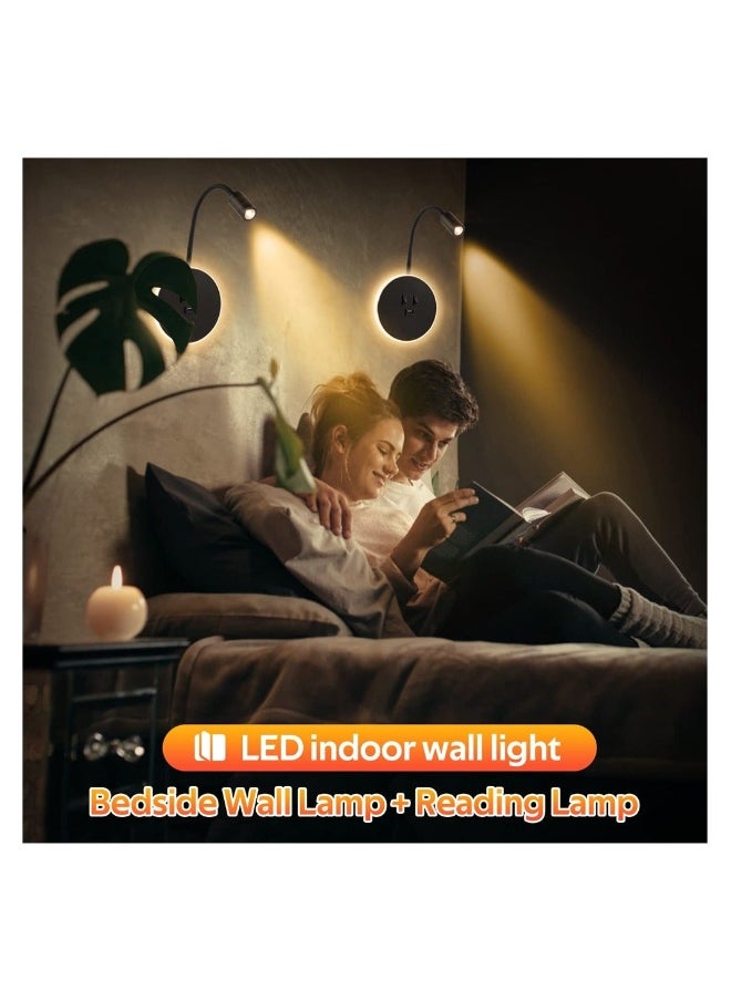 Wall Reading Lamp, Wall Spotlight Bedside with Flexible Gooseneck Lamp, Bedside Wall Lamp with Switch and USB Por, Wall Sconce for Bedroom, Hallway, Stairs (Black)