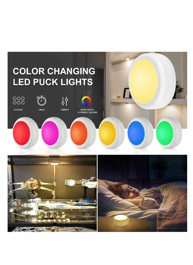 LED Puck Lights with Remote Control, Wireless Under Cabinet Lighting, Battery Powered Lights, Stick on Color Changing Dimmer and Timer, AA Operated Closet Light, 6 Pack