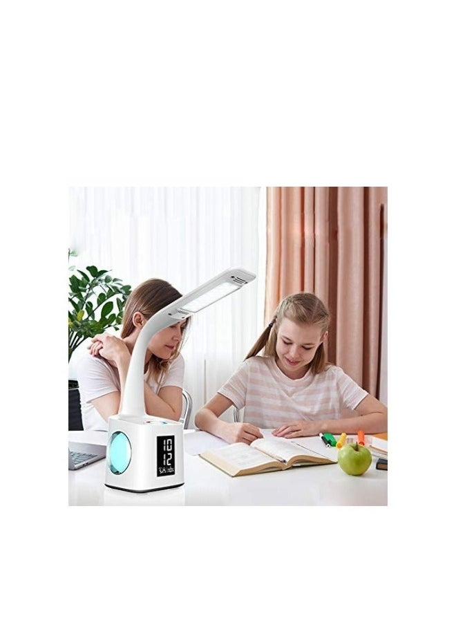 LED Desk Lamp with USB Charging Port, 10W Touch Control Dimmable Office Lamp, Table Lamp with Pen Holder & Clock, Suitable for Home Office Bedroom Reading Study