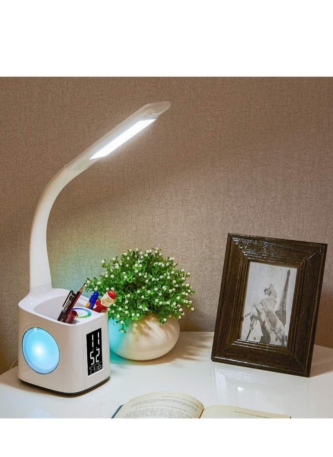 LED Desk Lamp with USB Charging Port, 10W Touch Control Dimmable Office Lamp, Table Lamp with Pen Holder & Clock, Suitable for Home Office Bedroom Reading Study