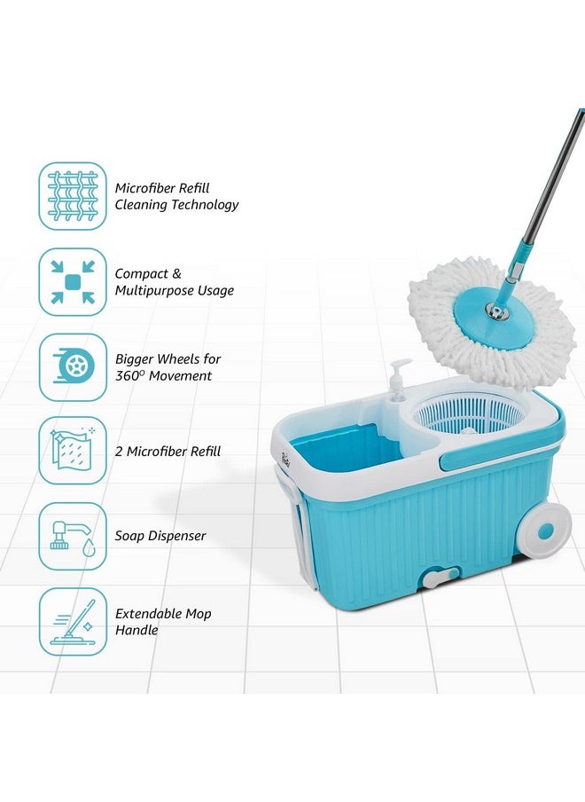 Plastic Elite Spin Mop With Bigger Wheels And Auto- Fold Handle 2 Microfiber Wet Dry Mophead Floor Cleaning Pocha Removable Wringer 360 Floor Cleaner For Home And Offices