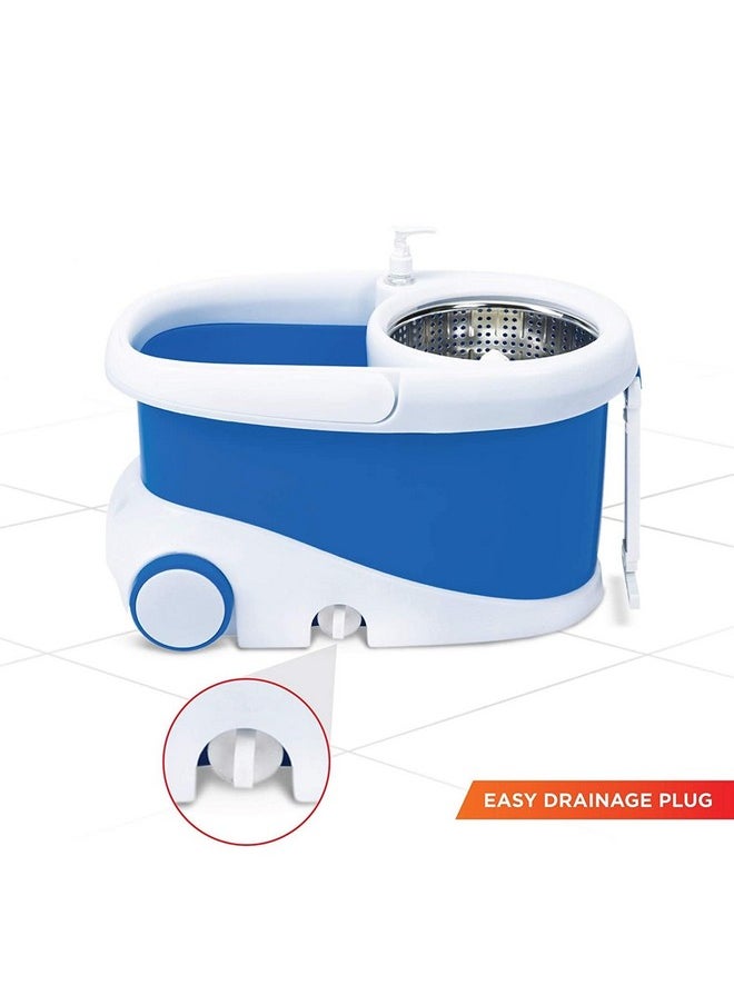 Pride Spin Mop With Plastic Wringer And Auto-Fold Handle, Blue, 2 Refills (Steel)