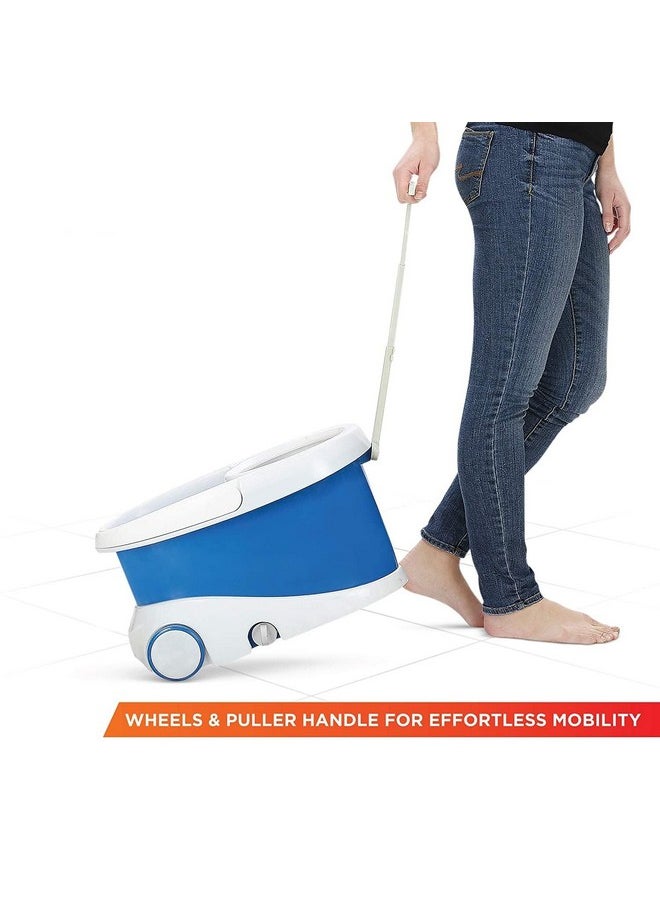 Pride Spin Mop With Plastic Wringer And Auto-Fold Handle, Blue, 2 Refills (Steel)