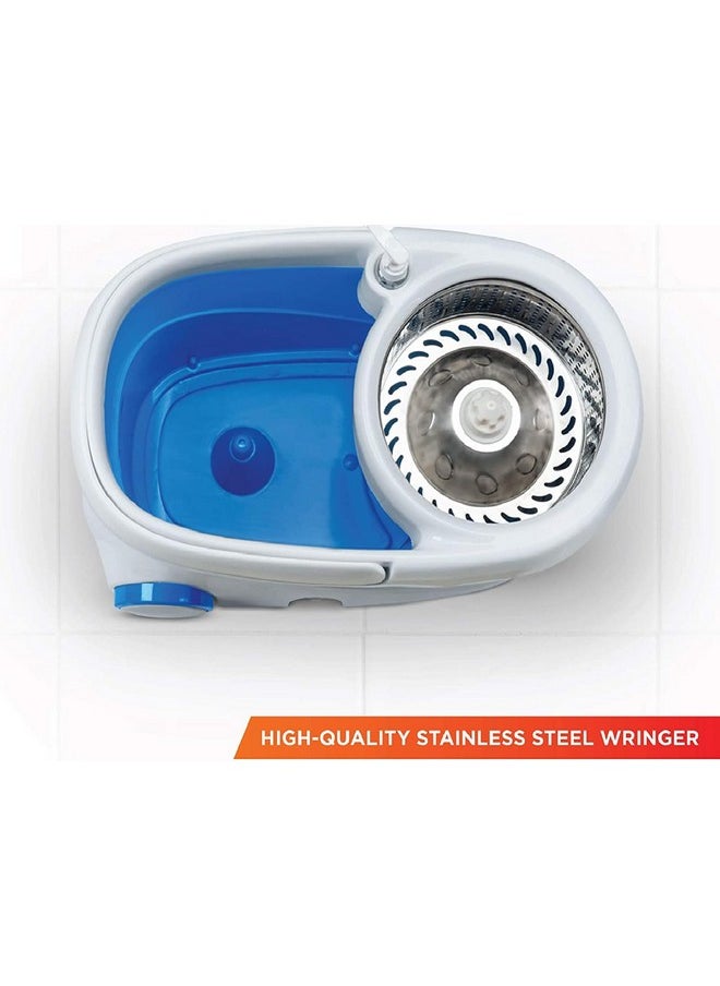 Pride Spin Mop With Plastic Wringer And Auto-Fold Handle, Blue, 2 Refills (Steel)