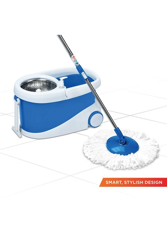 Pride Spin Mop With Plastic Wringer And Auto-Fold Handle, Blue, 2 Refills (Steel)