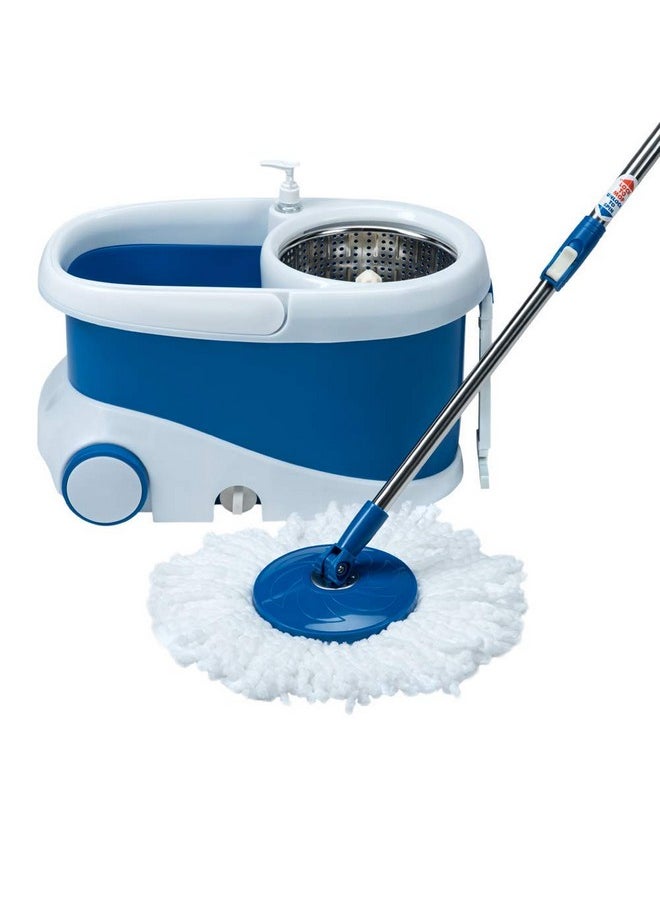 Pride Spin Mop With Plastic Wringer And Auto-Fold Handle, Blue, 2 Refills (Steel)