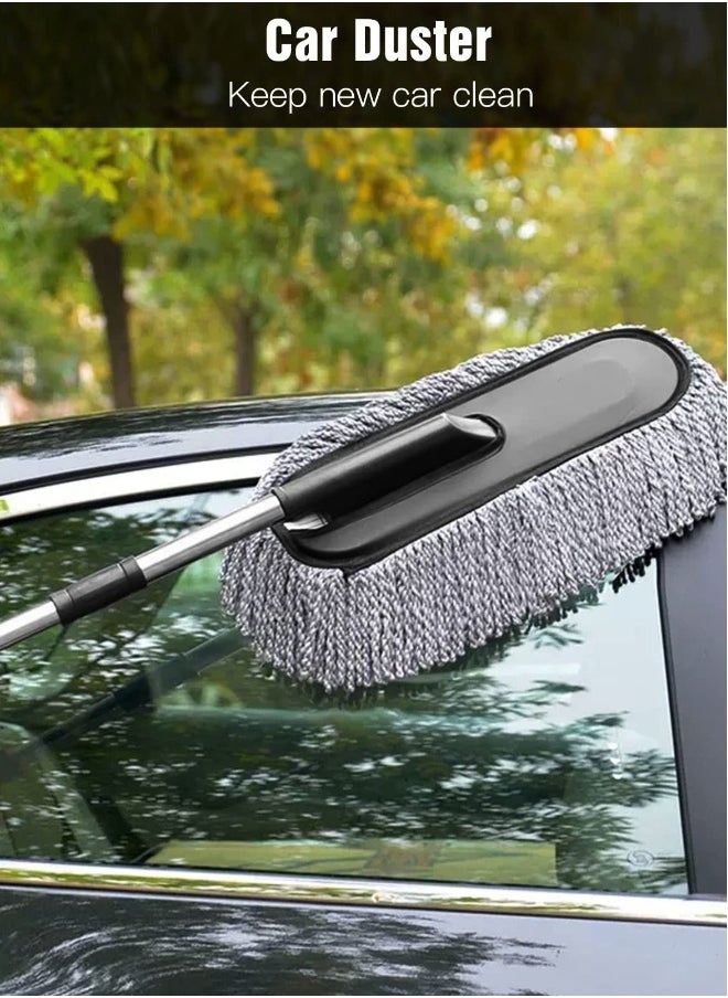 Car Duster - Extendable Long Handle Microfiber Car Duster, Scratch-Free Exterior Car Cleaning Tool, Dust Brush for Trucks, Pickups,  Motorcycles, and More, Gray.