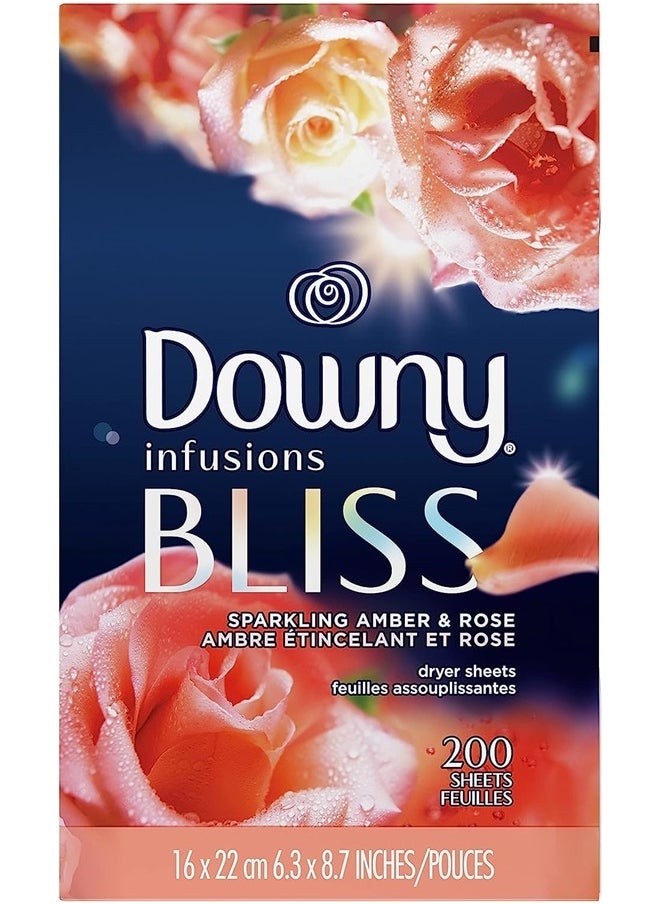 Infusions Dryer Sheets, Laundry Fabric Softener, Bliss, Sparkling Amber & Rose, 200 count.