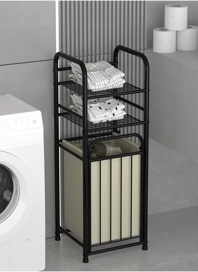 Multifunctional Laundry Basket Storage Rack, Metal Frame With Shelf, Portable Laundry Bag, Black