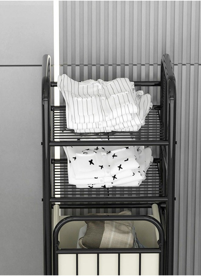 Multifunctional Laundry Basket Storage Rack, Metal Frame With Shelf, Portable Laundry Bag, Black