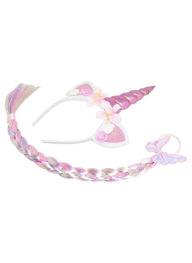 Metallic Unicorn Headband With Color Hair/Unicorn Hairband With Rainbow Hairs/Unicorn Party Prop/Metallic Unicorn Hairband With Braid Multicolor (Pink)