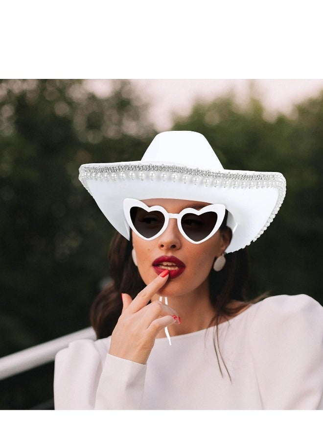 Western Cowgirl Hat Rhinestone Pearl Cowboy for Women with Heart-Shaped Sunglasses White Bride Bachelorette Party Costumes