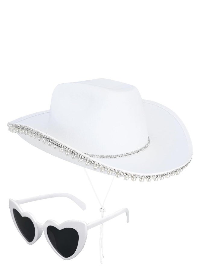 Western Cowgirl Hat Rhinestone Pearl Cowboy for Women with Heart-Shaped Sunglasses White Bride Bachelorette Party Costumes