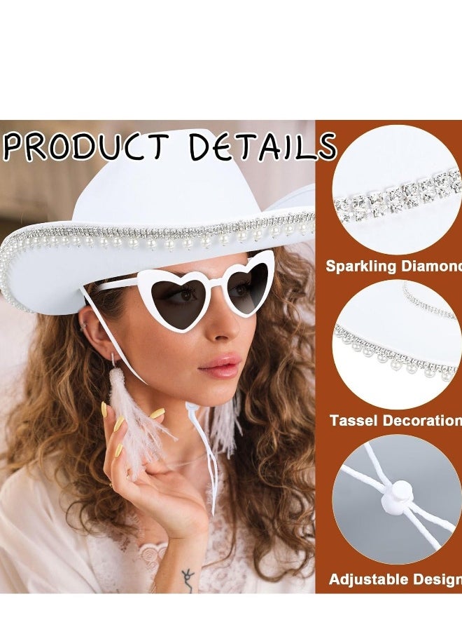 Western Cowgirl Hat Rhinestone Pearl Cowboy for Women with Heart-Shaped Sunglasses White Bride Bachelorette Party Costumes