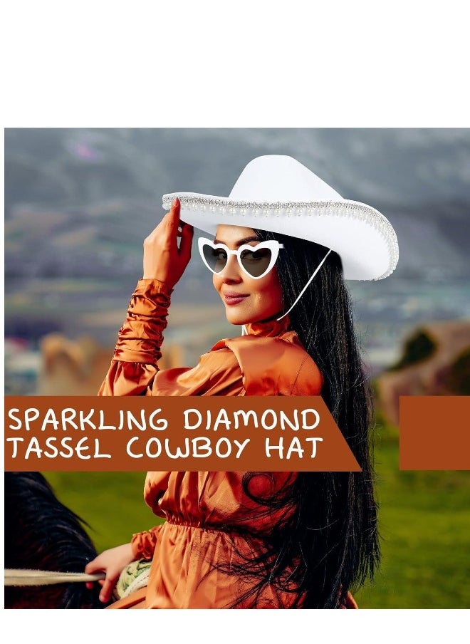 Western Cowgirl Hat Rhinestone Pearl Cowboy for Women with Heart-Shaped Sunglasses White Bride Bachelorette Party Costumes