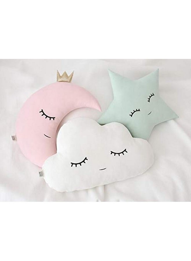 Cute Cloud Moon Star Cot Cushion With Crown (Pack Of 3, 16X16 Inch, Velvet) Kids Cushion, Soft Toy, Soft Plush Pillow, Cot Cushion, Nursery Décor, Baby Cushion