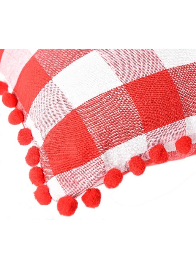 Square Cushion Cover With Pom Pom, Cotton Sofa Pillow Cover Set Of 2, 16X16 Inch, Big Checks, Red And White Checks, Pillow Cushions Covers (Pack Of 2, 40X40 Cms)