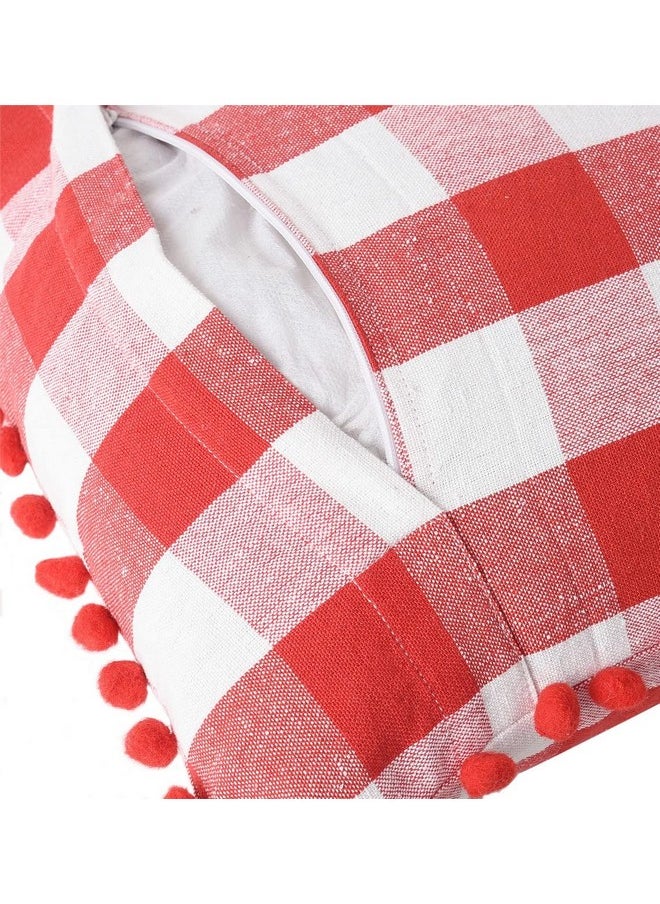 Square Cushion Cover With Pom Pom, Cotton Sofa Pillow Cover Set Of 2, 16X16 Inch, Big Checks, Red And White Checks, Pillow Cushions Covers (Pack Of 2, 40X40 Cms)