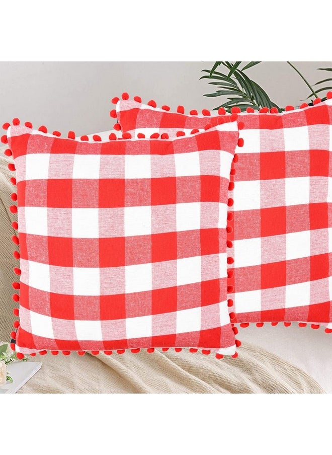 Square Cushion Cover With Pom Pom, Cotton Sofa Pillow Cover Set Of 2, 16X16 Inch, Big Checks, Red And White Checks, Pillow Cushions Covers (Pack Of 2, 40X40 Cms)