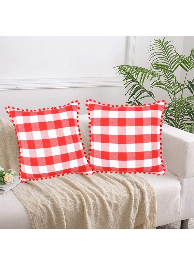 Square Cushion Cover With Pom Pom, Cotton Sofa Pillow Cover Set Of 2, 16X16 Inch, Big Checks, Red And White Checks, Pillow Cushions Covers (Pack Of 2, 40X40 Cms)