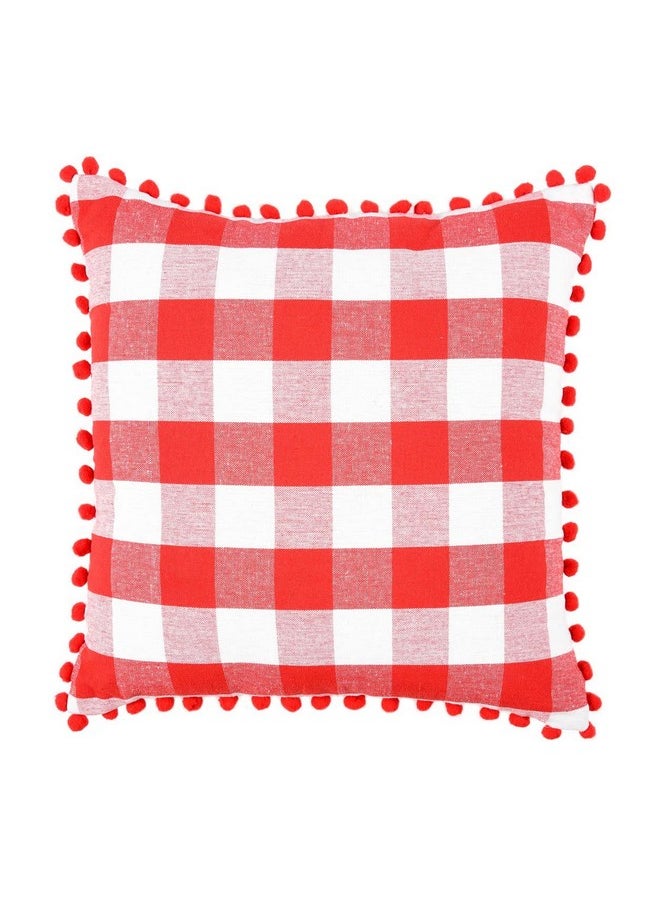 Square Cushion Cover With Pom Pom, Cotton Sofa Pillow Cover Set Of 2, 16X16 Inch, Big Checks, Red And White Checks, Pillow Cushions Covers (Pack Of 2, 40X40 Cms)