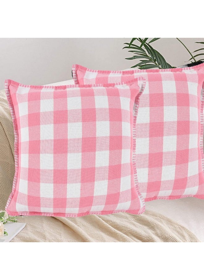 Square Cushion Cover With Blanket Stitch, Cotton Sofa Pillow Cover Set Of 2, Big Checks, Pillow Cushions Covers (Pack Of 2) (16X16 Inch, Baby Pink)