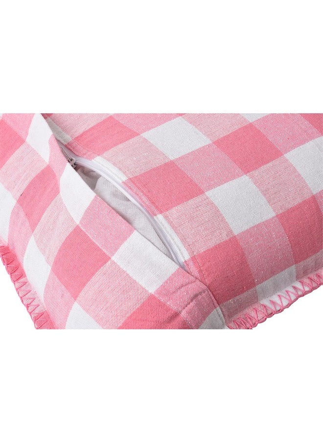 Square Cushion Cover With Blanket Stitch, Cotton Sofa Pillow Cover Set Of 2, Big Checks, Pillow Cushions Covers (Pack Of 2) (16X16 Inch, Baby Pink)