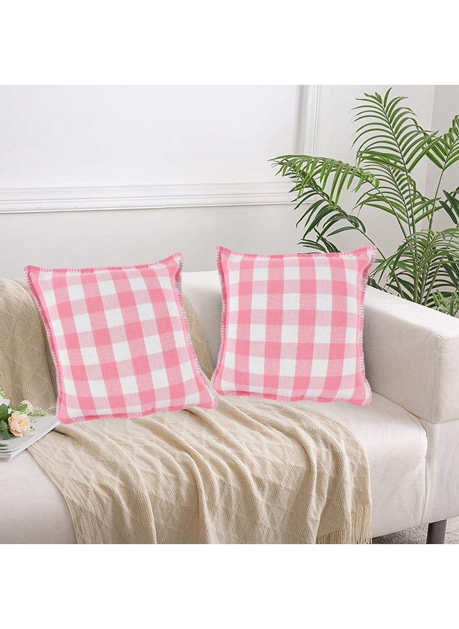 Square Cushion Cover With Blanket Stitch, Cotton Sofa Pillow Cover Set Of 2, Big Checks, Pillow Cushions Covers (Pack Of 2) (16X16 Inch, Baby Pink)