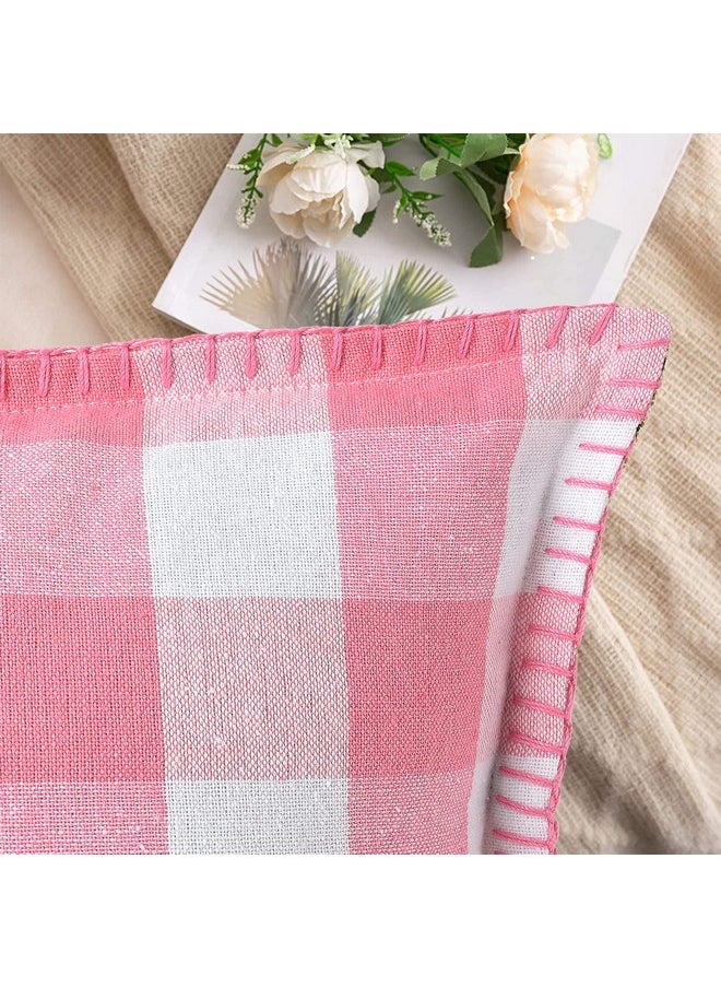 Square Cushion Cover With Blanket Stitch, Cotton Sofa Pillow Cover Set Of 2, Big Checks, Pillow Cushions Covers (Pack Of 2) (16X16 Inch, Baby Pink)