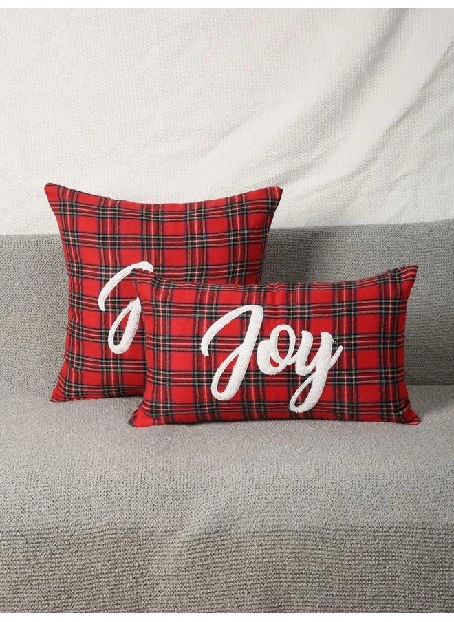 Joy Christmas Embroidery Cushion For Living Room Sofa (Pack Of 1, 12X18 Inch, Tartan Check) Christmas Theme Cushion, Sofa Cushion, Christmas Decor, Xmas Gift, Best Gift For Christmas