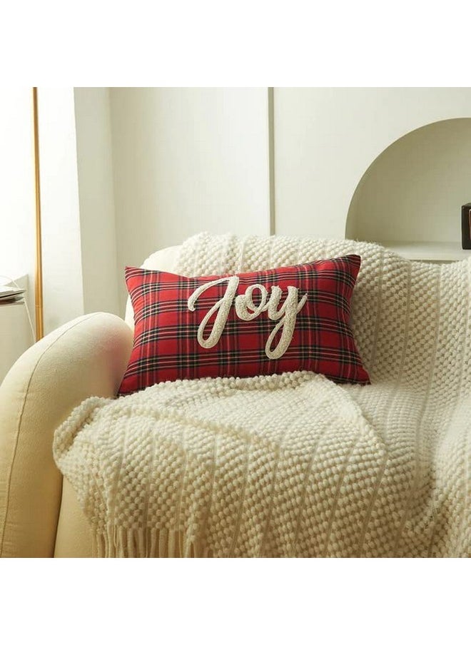 Joy Christmas Embroidery Cushion For Living Room Sofa (Pack Of 1, 12X18 Inch, Tartan Check) Christmas Theme Cushion, Sofa Cushion, Christmas Decor, Xmas Gift, Best Gift For Christmas