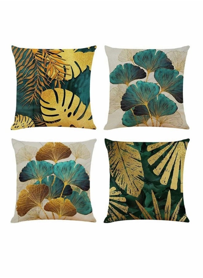 Cushion Covers, Throw Pillow Covers, Linen Square Throw Pillow Covers, Couch Bed Pillowcases, Green, Gold Leaves, for Living Room Sofa, 45cm x 45cm (18x18 inch) 4 PCS