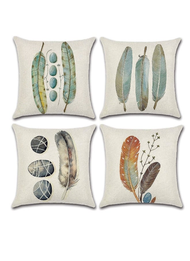 Throw Cushion Covers Square Pillow Covers, Soft Linen Pillowcases with Feather Pattern for Living Room Sofa Bedroom with Invisible Zipper  45cm x 45cm / 18x18 Inches