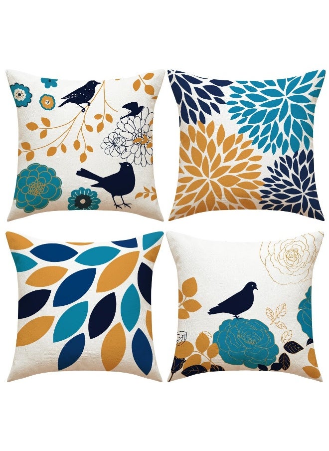 Flower Throw Pillow Covers, Set of 4 18x18 Inch  Leaf Bird Floral Outdoor Decorative Pillow Cover Linen Square Cushion Cover Pillowcases for Sofa Bed Farmhouse Home Decor