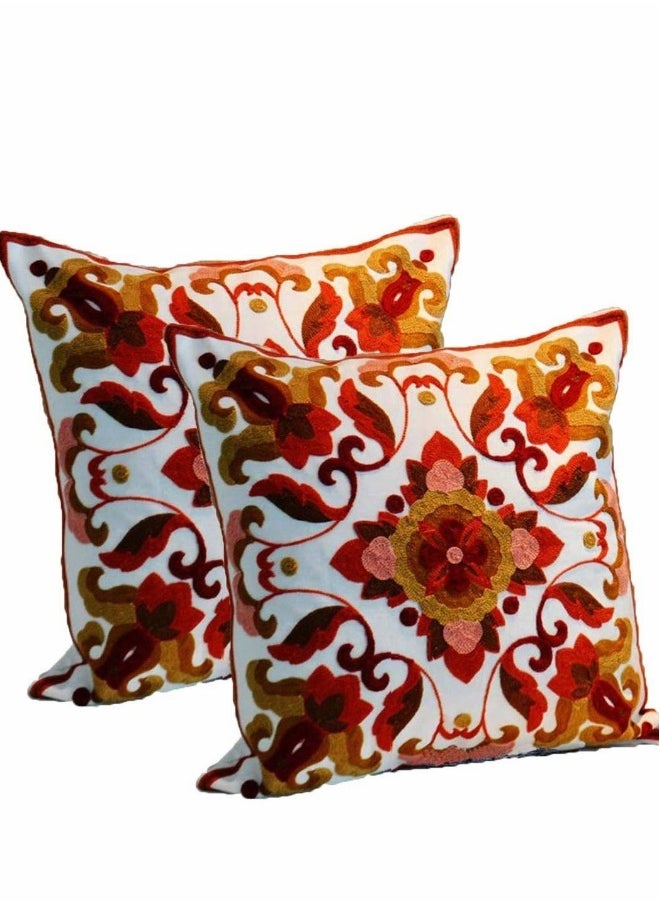 Red Embroidered Cotton Canvas Cushion Cover 45x45cm Hand Made National Embroidery Bohemian Housewarming Car Home Decoration Cushion Cover/Throw Pillow Cover(2pc)