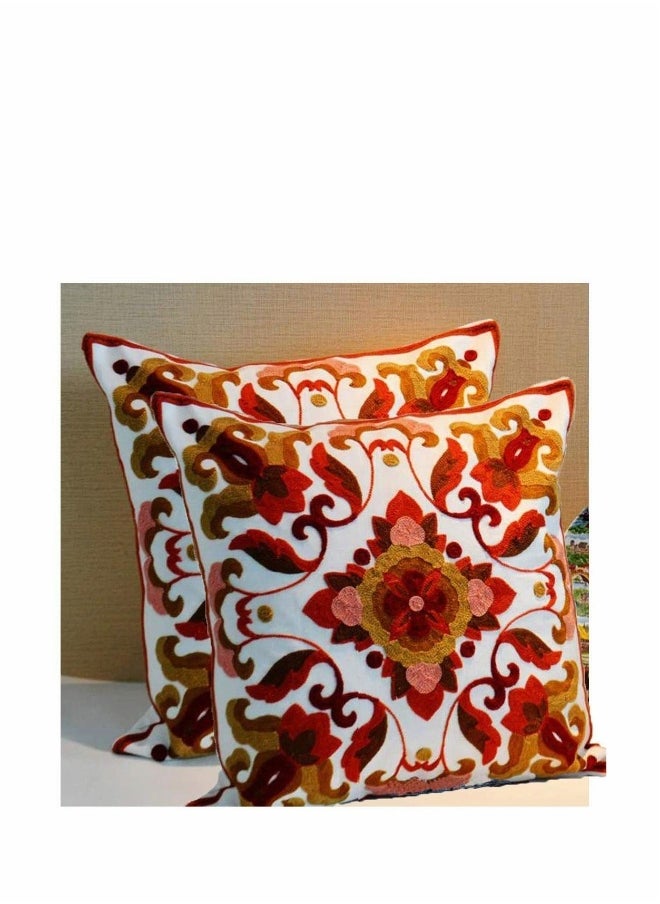 Red Embroidered Cotton Canvas Cushion Cover 45x45cm Hand Made National Embroidery Bohemian Housewarming Car Home Decoration Cushion Cover/Throw Pillow Cover(2pc)