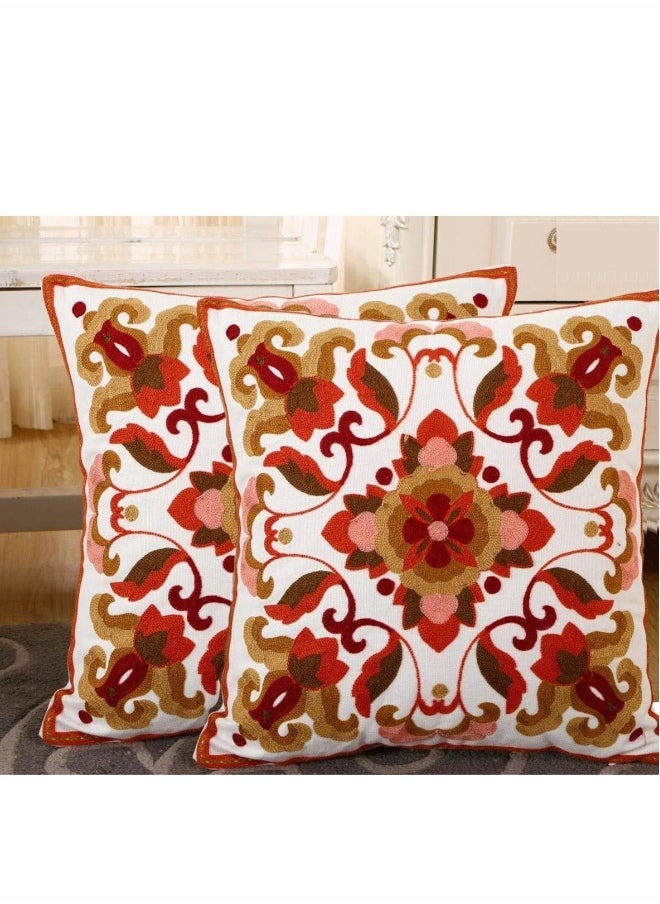 Red Embroidered Cotton Canvas Cushion Cover 45x45cm Hand Made National Embroidery Bohemian Housewarming Car Home Decoration Cushion Cover/Throw Pillow Cover(2pc)