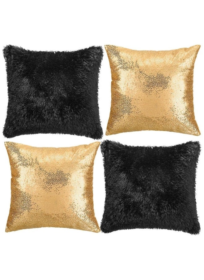 4 Pcs Sequin and Fluffy Pillow Cases Glitter Pillow Covers Faux Fur Throw Pillow Covers Decorative Cushion Cover for Couch Bed Sofa Wedding, No Pillow Insert (Gold, Black,18'')