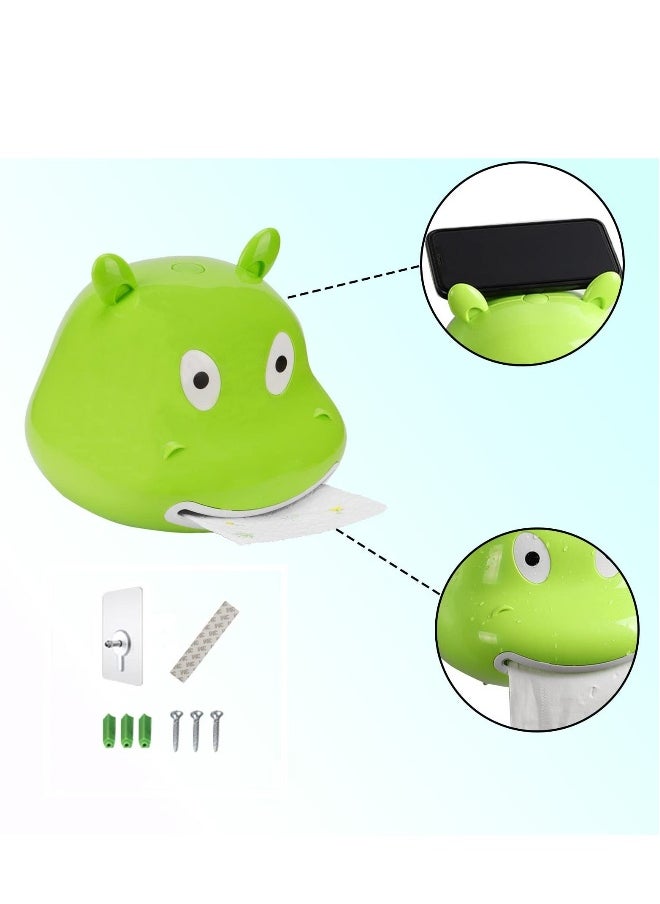 Tissue Box Cover Holder Cartoon Hippo Self-Stick Wall Mount Waterproof Bathroom Decor for Child Bathroom, Children's Room Kitchen Dinner Table Restaurant (Green)