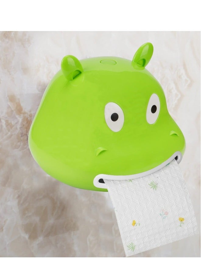 Tissue Box Cover Holder Cartoon Hippo Self-Stick Wall Mount Waterproof Bathroom Decor for Child Bathroom, Children's Room Kitchen Dinner Table Restaurant (Green)