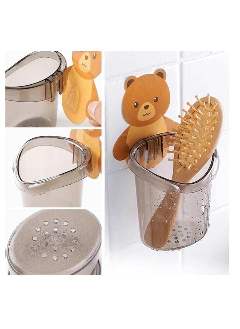 Wolpin Toothbrush Holder (Set of 2 Pcs) Plastic Stand for Toothpaste, Comb, Brush, Cream, Lotion Kids Bathroom Cup Drain Waterproof Self-Adhesive, Teddy Bear