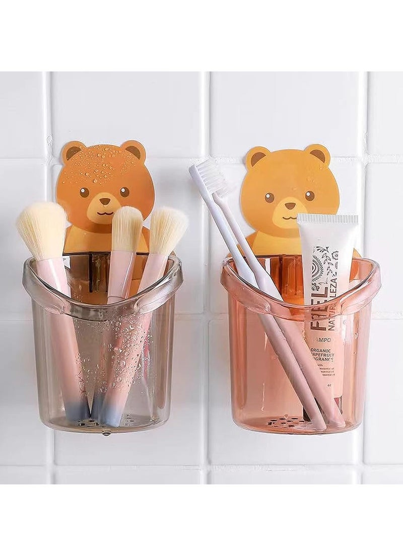 Wolpin Toothbrush Holder (Set of 2 Pcs) Plastic Stand for Toothpaste, Comb, Brush, Cream, Lotion Kids Bathroom Cup Drain Waterproof Self-Adhesive, Teddy Bear