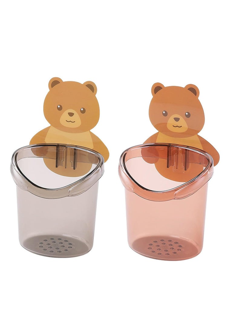 Wolpin Toothbrush Holder (Set of 2 Pcs) Plastic Stand for Toothpaste, Comb, Brush, Cream, Lotion Kids Bathroom Cup Drain Waterproof Self-Adhesive, Teddy Bear