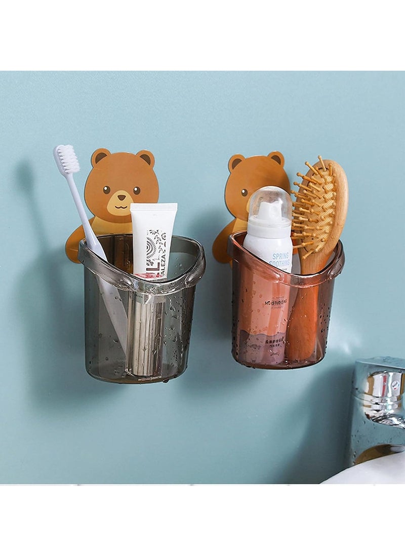 Wolpin Toothbrush Holder (Set of 2 Pcs) Plastic Stand for Toothpaste, Comb, Brush, Cream, Lotion Kids Bathroom Cup Drain Waterproof Self-Adhesive, Teddy Bear